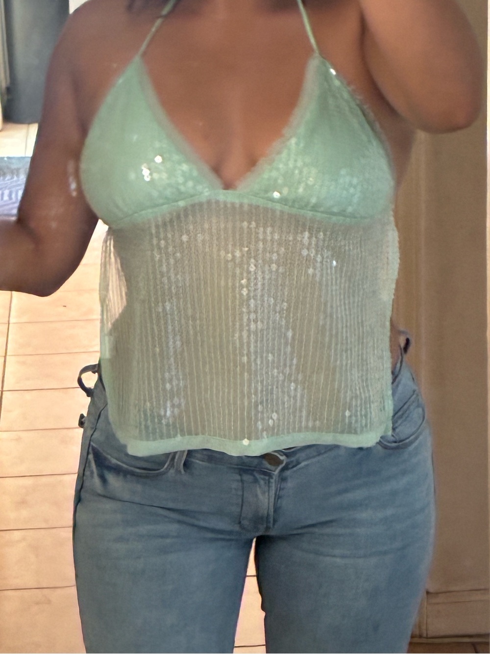 Sheer Sequin Mint Halter Cami Top